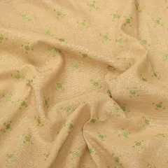 Green & Ecru Jute Floral Threadwork Embroidery Fabric
