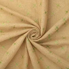 Green & Ecru Jute Floral Threadwork Embroidery Fabric