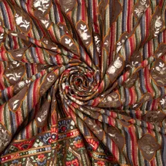 Chocolate Brown Georgette Floral Patch Threadwork with Mirrorwork Sequin Embroidery Fabric