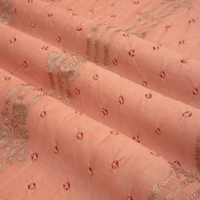Beautiful Bandhani Embroidery With Dim Golden Floral Zariwork On Crepe Pink Brocade Fabric
