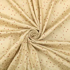Ivory Dim Golden Zari Work With Red Dots On Brocade Fabric