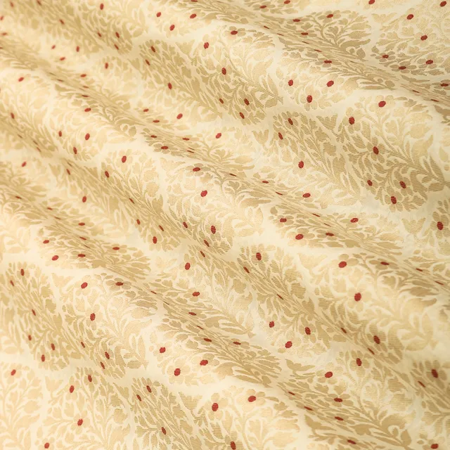 Ivory Dim Golden Zari Work With Red Dots On Brocade Fabric