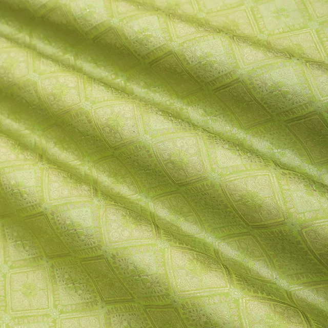 Parrot Green Brocade Motif Silver Zariwork Fabric