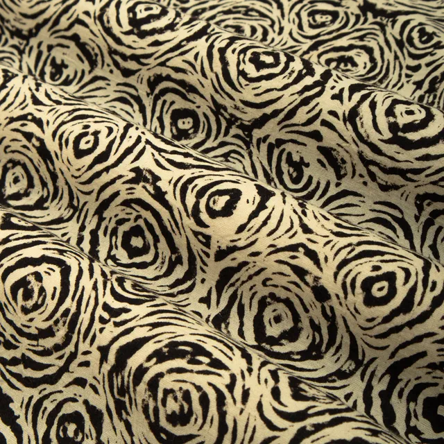 Black & Ivory Cotton Rose Floral Kalamkari Print Fabric