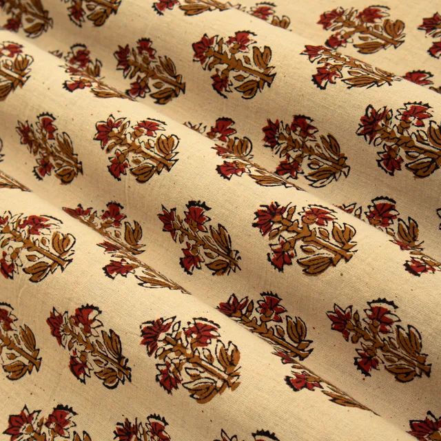 Wheat Brown Cotton Motif Kalamkari Print Fabric