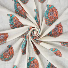 Chiffon White Cotton Orange Floral Print Fabric