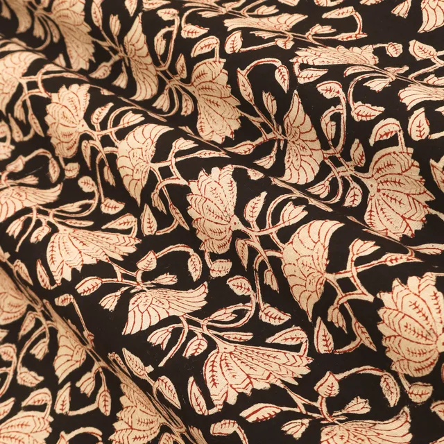 Ebony Black Cotton Beige Floral Pattern Kalamkari Print Fabric