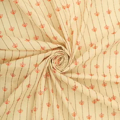 Snow White Cotton Stripe Pattern Carrot Pink Threadwork Sequins Embroidery Fabric