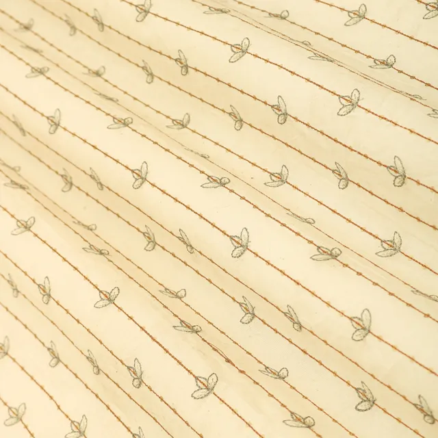 Pearl White Cotton Stripe Pattern Floral Blue Threadwork Sequins Embroidery Fabric