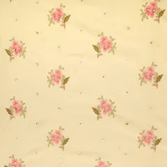 Salt White Cotton Floral Pink Threadwork Sequins Embroidery Fabric