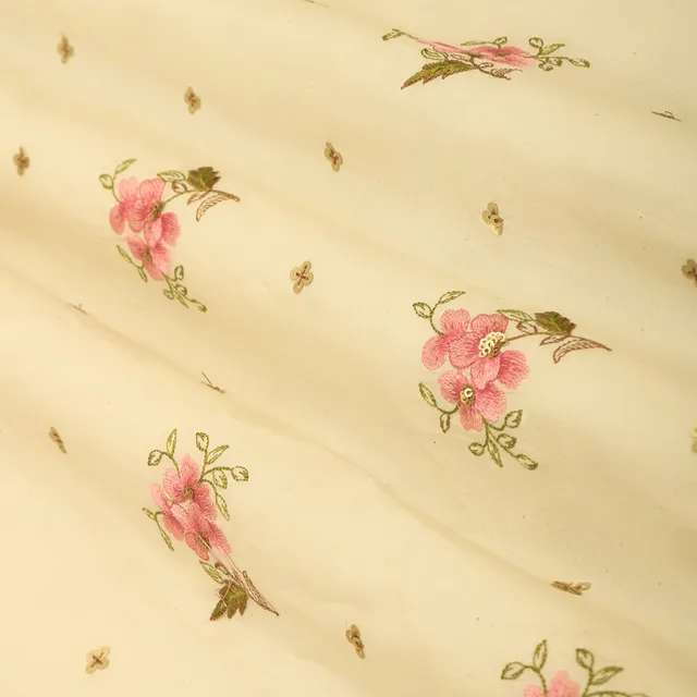 Salt White Cotton Floral Pink Threadwork Sequins Embroidery Fabric