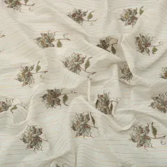 Pearl White Cotton Lurex Brown Floral Print Stripe Sequins Embroidery Fabric