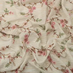 Alabaster White Cotton Lurex Threadwork Pink Floral Print Sequins Embroidery Fabric