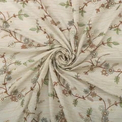 Chiffon White Cotton Lurex Threadwork Green Floral Print Sequins Embroidery Fabric