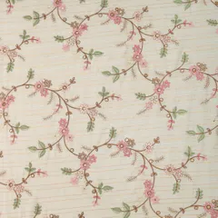 Alabaster White Cotton Lurex Threadwork Pink Floral Print Sequins Embroidery Fabric