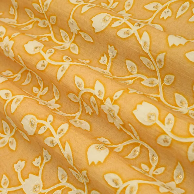 Light Yellow Cotton Position Floral Print Sequin Sippi Embroidery Fabric