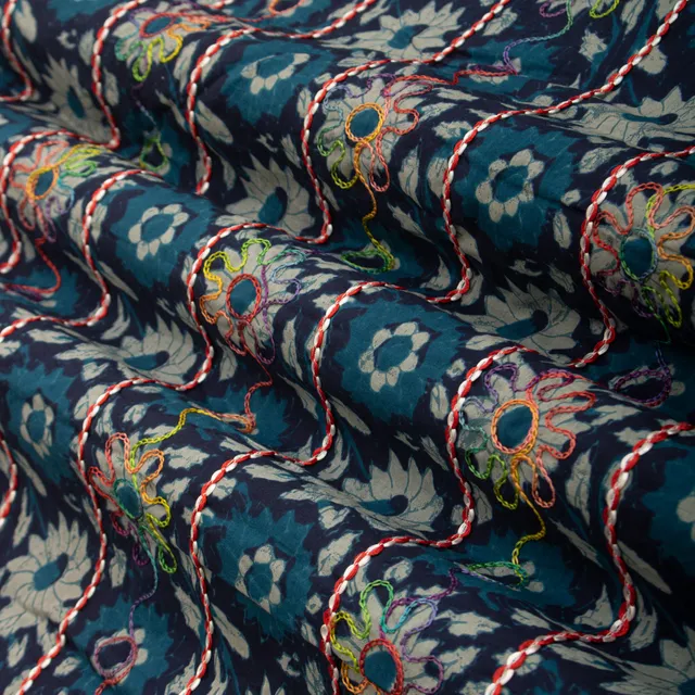 Navy Blue Cotton Print Floral Threadwork Embroidery Fabric
