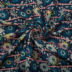 Navy Blue Cotton Print Floral Threadwork Embroidery Fabric