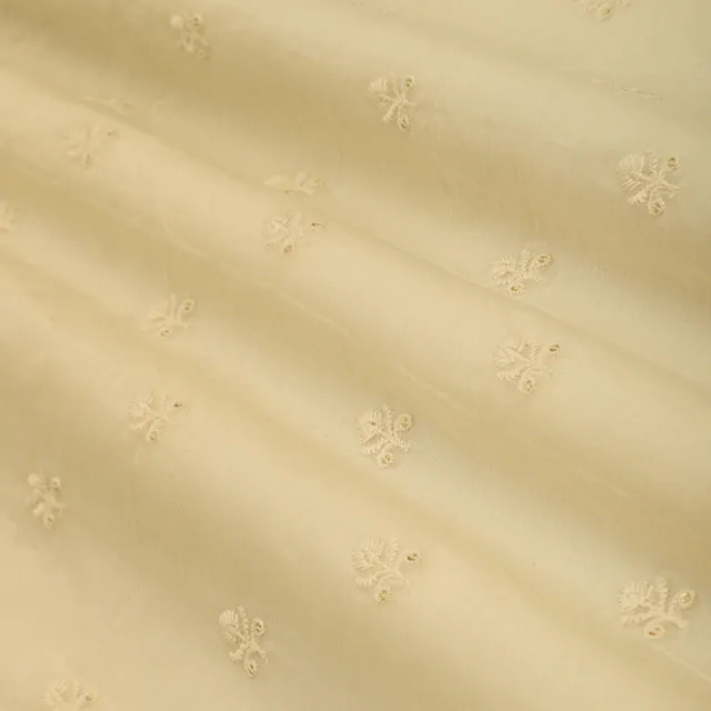 White Chanderi Motif Threadwork Embroidery Fabric
