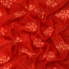 Scarlet Red Chanderi Batik Floral Print Sequins Embroidery Fabric