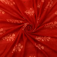 Scarlet Red Chanderi Batik Floral Print Sequins Embroidery Fabric