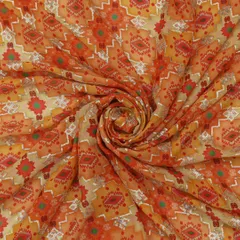 Fire Orange Georgette Position Floral Print Sequin Embroidery Fabric