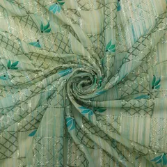 Powder Blue with Shade Of Olive Green Georgette Floral Print Sequin Embroidery Fabric