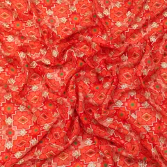 Scarlet Red Georgette Position Floral Print Sequin Embroidery Fabric