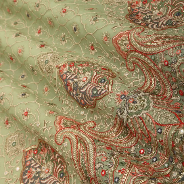 Traditional Look Light Green Georgette Floral Mirror Work Sequin Embroidery Fabric