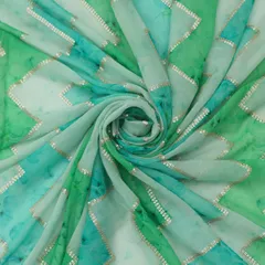 Sky Blue & Sea Green Chinon Position Zigzak Stripe Print Sequin Sippi Embroidery Fabric