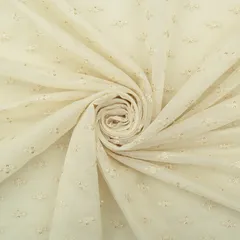 Powder White Chanderi Floral Threadwork Sequin Embroidery Fabric