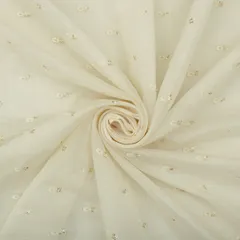 Salt White Chanderi Floral Threadwork Sequin Embroidery Fabric