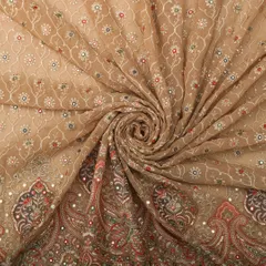 Traditional Look Light Brown Georgette Floral Mirror Work Sequin Embroidery Fabric