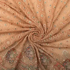 Traditional Look Peach Georgette Floral Mirror Work Sequin Embroidery Fabric