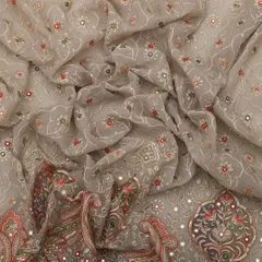 Traditional Look Gray Georgette Floral Mirror Work Sequin Embroidery Fabric