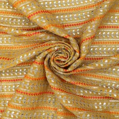Traditional Look Bright Yellow Georgette Stripe Mirror Work Sequin Embroidery Fabric