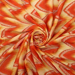 Ecru & Orange Chinon Position Zigzak Stripe Print Sequin Sippi Embroidery Fabric