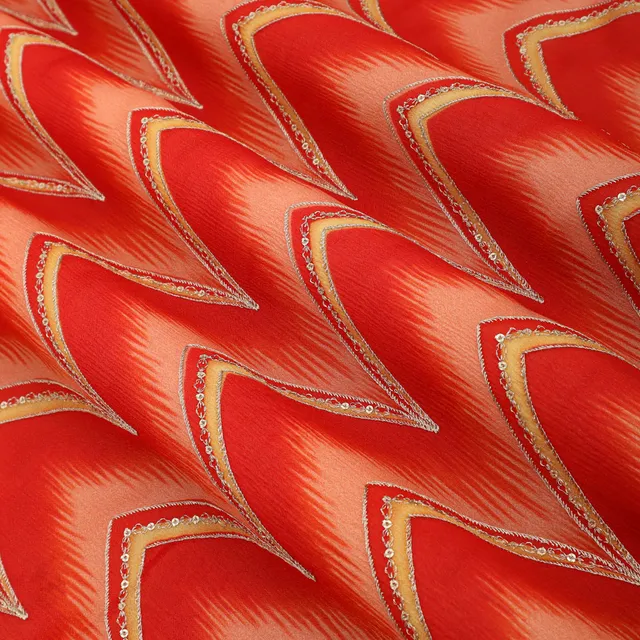 Candy Red Chinon Position Zigzak Stripe Print Sequin Sippi Embroidery Fabric