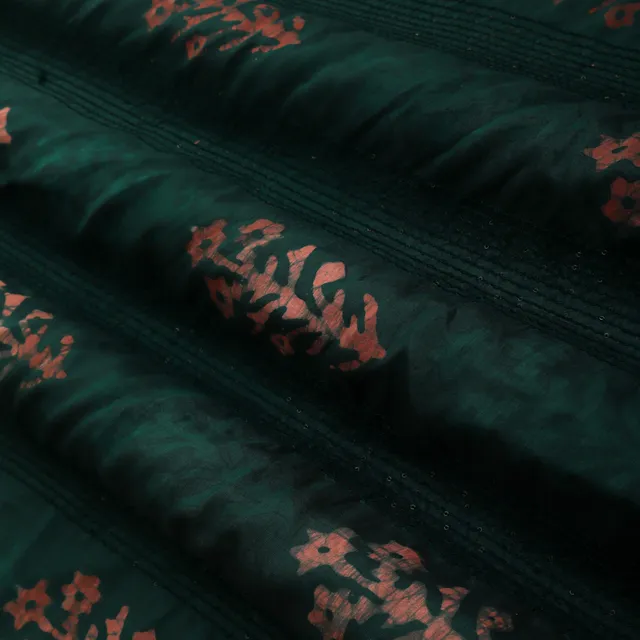 Forest Green Chanderi Batik Floral Print Sequins Embroidery Fabric