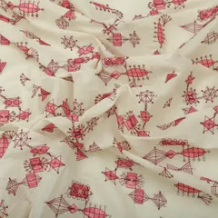 Frost White Cotton Pink Thread Cultural Sequin Embroidery Fabric