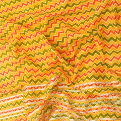 Yellow Cotton Zigzak Stripe Print Threadwork Border Gota work Sequin Embroidery Fabric