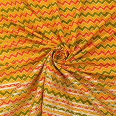 Yellow Cotton Zigzak Stripe Print Threadwork Border Gota work Sequin Embroidery Fabric