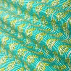 Deep Sky Blue Cotton Floral Print Threaddwork Border Gota work Sequin Embroidery Fabric