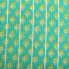 Deep Sky Blue Cotton Floral Print Threaddwork Border Gota work Sequin Embroidery Fabric