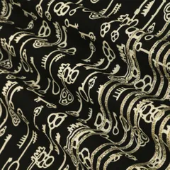Raven Black Cotton Object Print Threadwork Border Gota work Sequin Embroidery Fabric