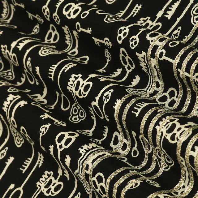 Raven Black Cotton Object Print Threadwork Border Gota work Sequin Embroidery Fabric