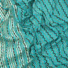 Blue Cotton Stripe Zigzak Print Threadwork Border Gota work Sequin Embroidery Fabric