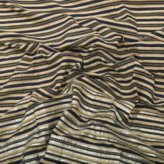 Navy Blue Cotton Stripe Print Threadwork Border Gota work Sequin Embroidery Fabric