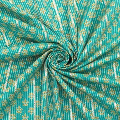 Deep sky Blue Cotton Floral Print Threadwork Sequin Embroidery Gota Work Fabric