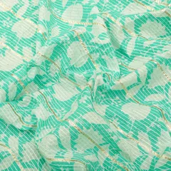 Baby Blue Cotton Floral Print Threadwork Embroidery Gota Work Fabric